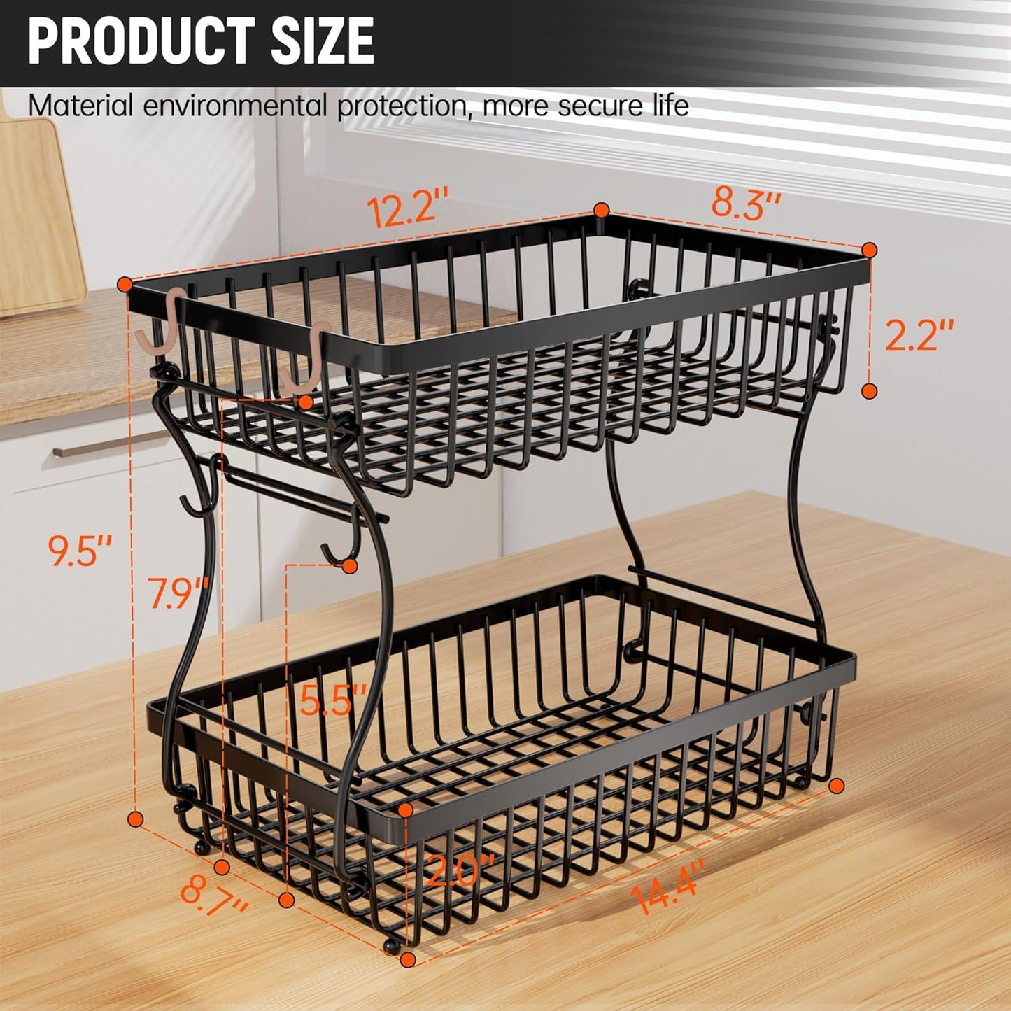 Fruit Basket,2-Tier Fruit Bowl with Banana Hanger,Kitchen Storage Countertop Rack,Fruit Metal Bowls Perfect for Holding Fruit,Vegetables,Snacks(Black)