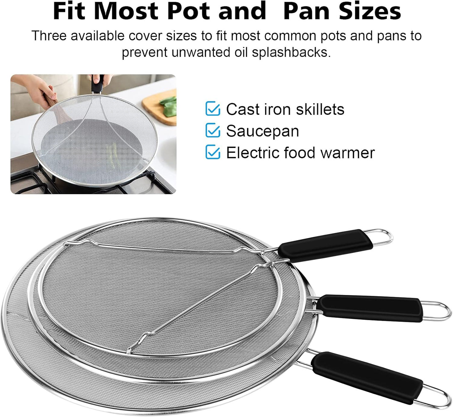 Splatter Screen for Frying Pan - 9.8" 11.4" 13" Stainless Steel Fine Mesh Grease Splatter Guard with Silicone Handle, Hot Oil Splash Guard for Cooking to Prevent Oil Splatter, Safe Cooking