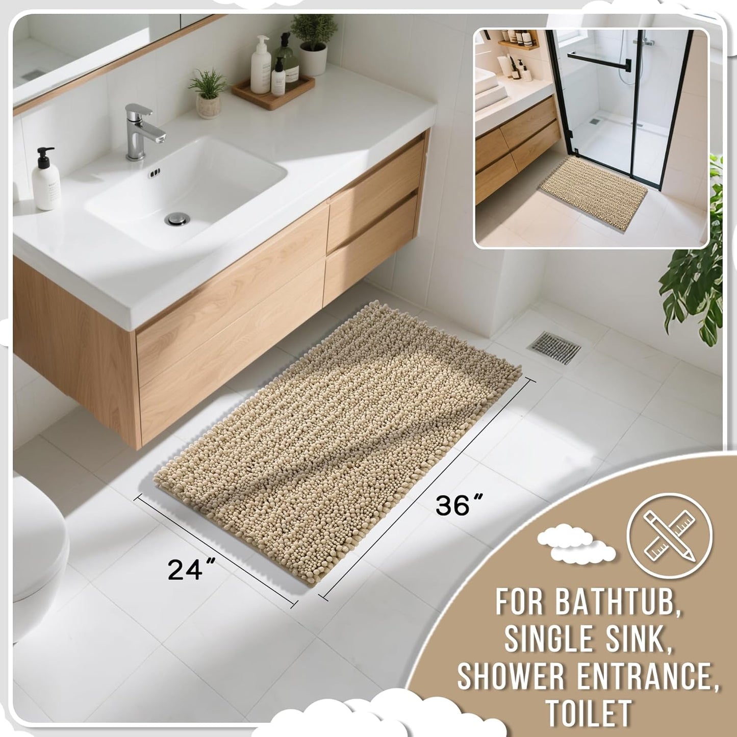 Yimobra Large Bathroom Rugs Non Slip Washable 36x24 Inch - Ultra Soft Absorbent Chenille Bath Mat, Quick Dry Shaggy Floor Carpet for Tub Shower, Pale Khaki Home Decor Accessories