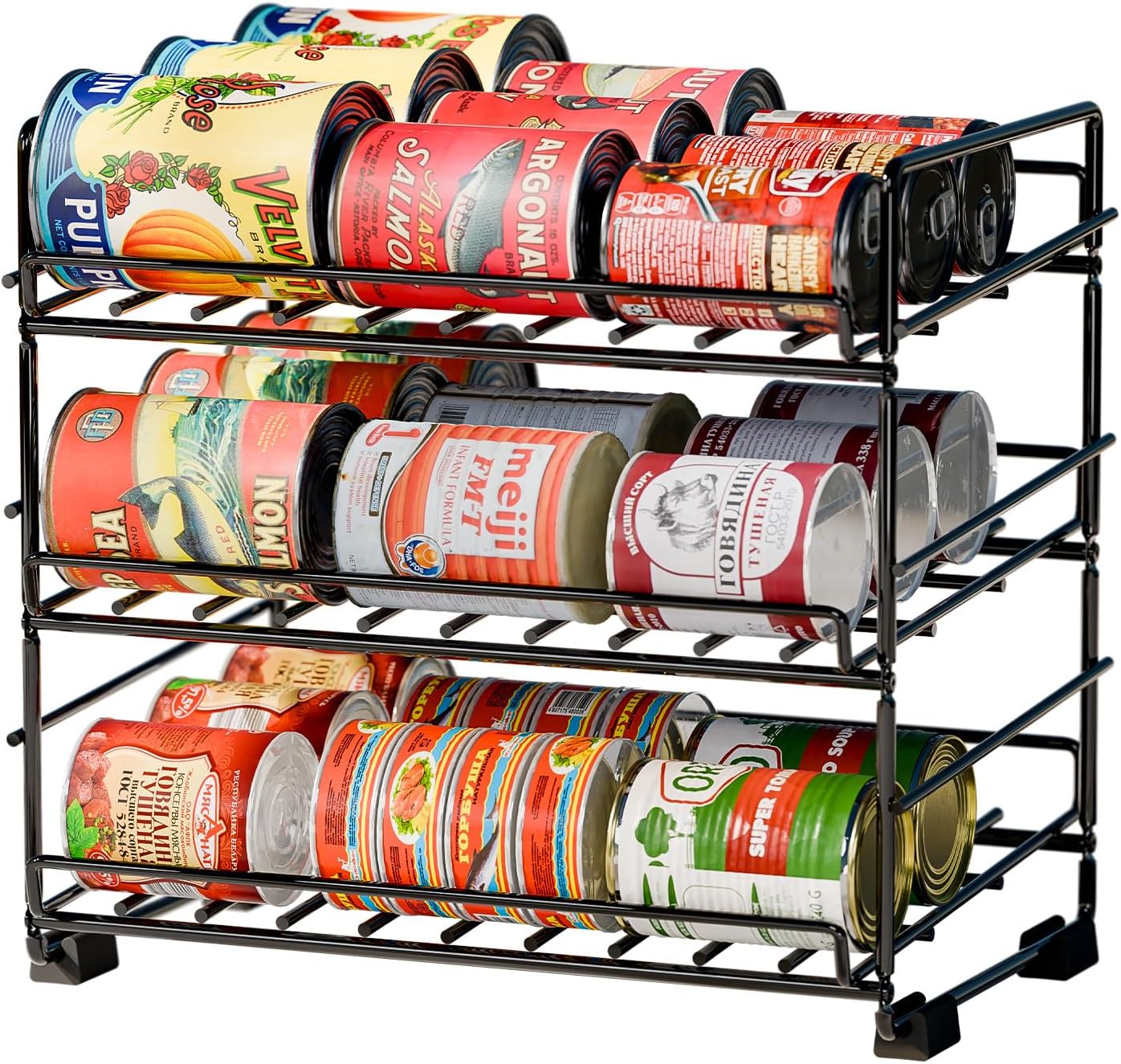 SUFAUY 3 Tier Can Organizer for Pantry, Holds 36 Cans for Cabinet Storage or Kitchen Shelves, 12" d X 16.5" w X 14" h, Black