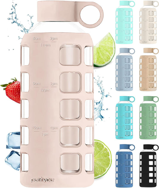 purifyou 40oz / 32oz / 22oz / 12oz Borosilicate Glass Water Bottle with Time & Volume Markers, Silicone Sleeve, Stainless Steel Lid – Reusable Glass Bottle for Water & Juice (22oz Hazelnut)