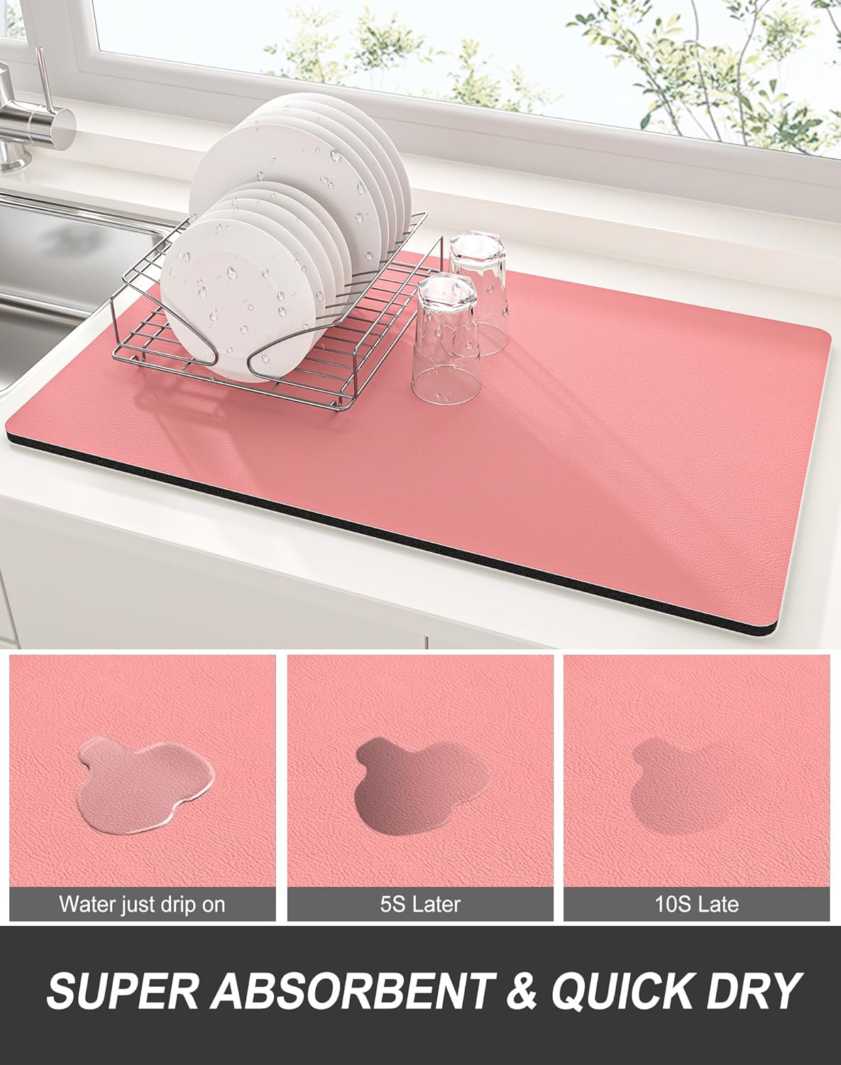 Rnivvi Dish Drying Mat for Kitchen Counter, XL 15 x 24" Super Absorbent Drainer Pad Easy Clean Dish Rack Pad, Non-Slip Heat Resistant Coffee Bar Mats for Coffee Machine Station Accessories, Rose Pink