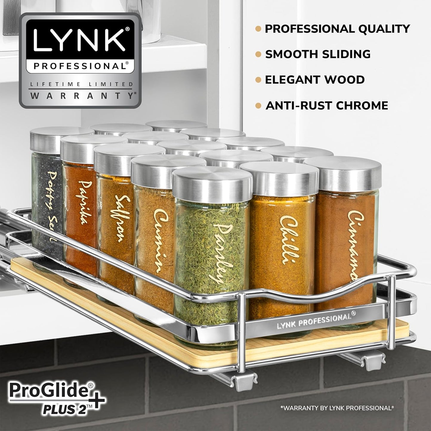 LYNK PROFESSIONAL® Élite™ Pull Out Spice Rack Organizer for Inside Kitchen Cabinets - 6-1/4 inch Wide - Slide Out Drawer – Wood/Chrome Sliding Spice Cabinet Organization Shelf Racks - 1 Tier