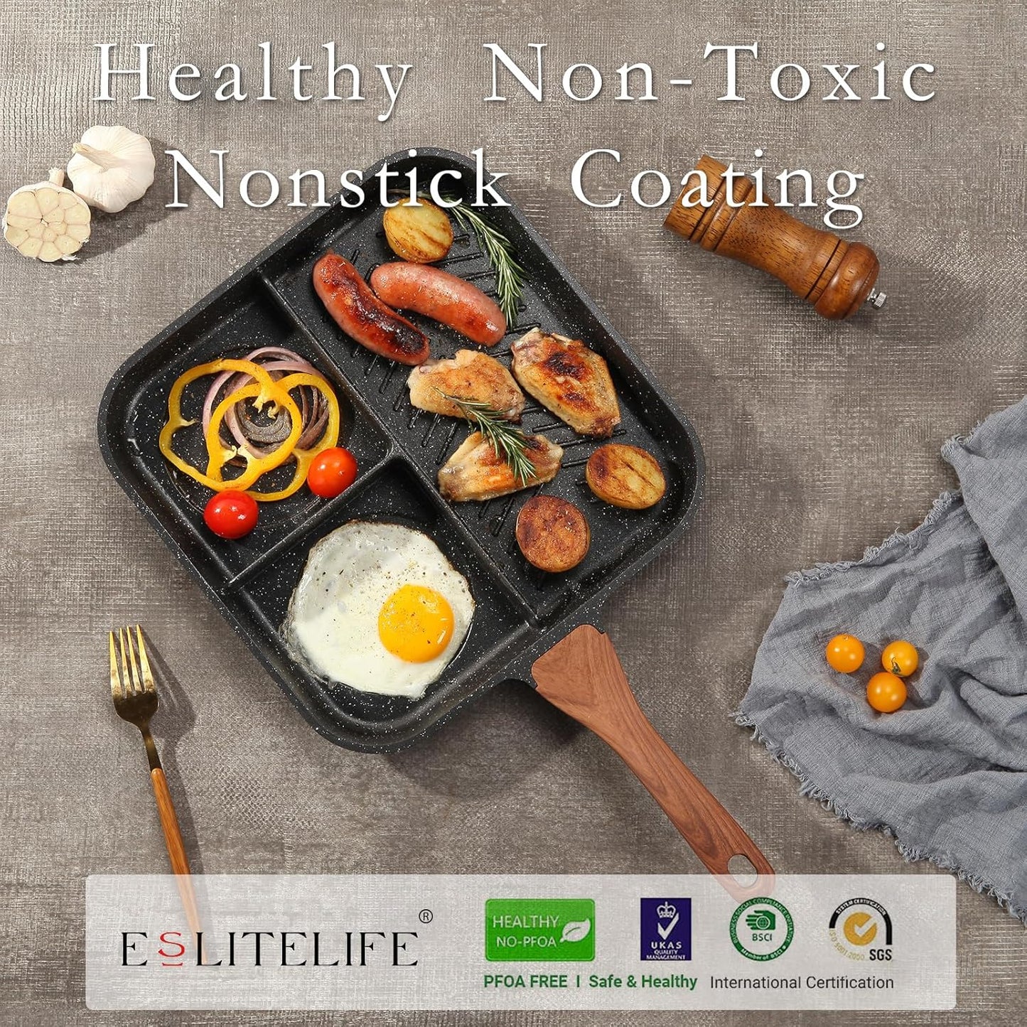 ESLITE LIFE 11 Inch Nonstick Divided Grill Pan with Lid for Indoor Cooking, Versatile 3-In-1 Induction Large Breakfast Pan for Stove Tops, PTFE & PFOA Free, Black