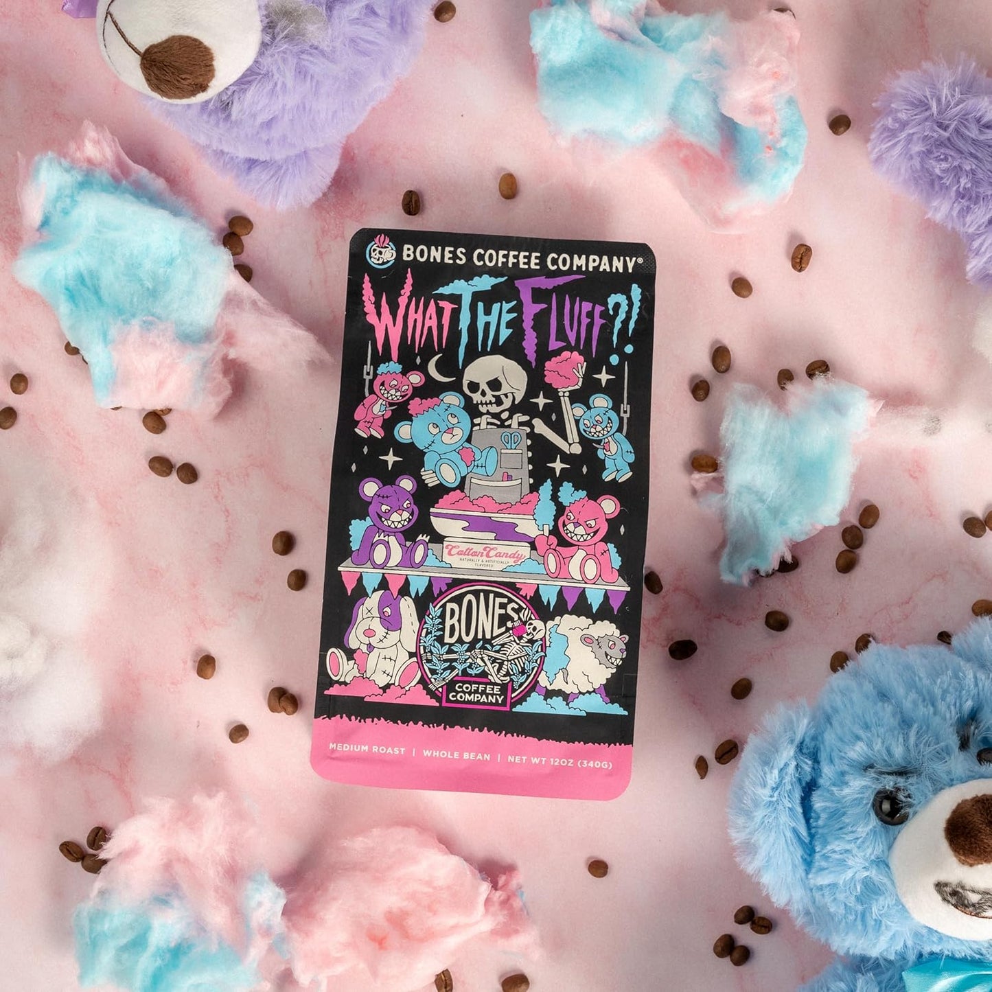 Bones Coffee Company What the Fluff?! Berry Cotton Candy Flavored Coffee, Medium Roast Low Acid Arabica Beans Compatible with Auto drip and French Press Coffee Maker, 12 Oz Whole Bean