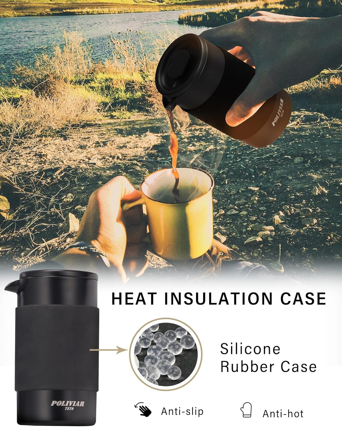 POLIVIAR French Press Coffee Maker, 12 oz Portable French Press with Mini Canister and Collection Bag, Double Wall Insulation & Dual- Filter Screen, Food Grade Stainless Steel for Coffee