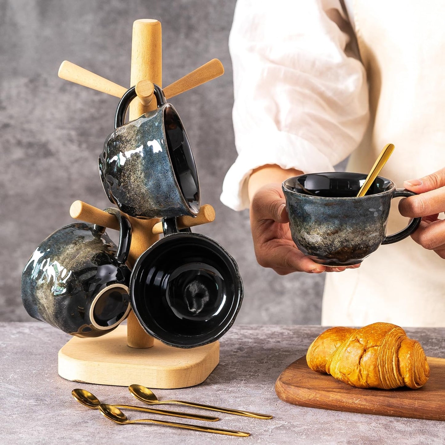 Coffee Mugs Cup, 8 OZ Ceramic Coffee Mugs with Gold Spoon for Man Woman, Modern Set of 4 Cup for Espresso Latte Cappuccino Cocoa Tea Dishwasher & Microwave Safe (Star Pulse)