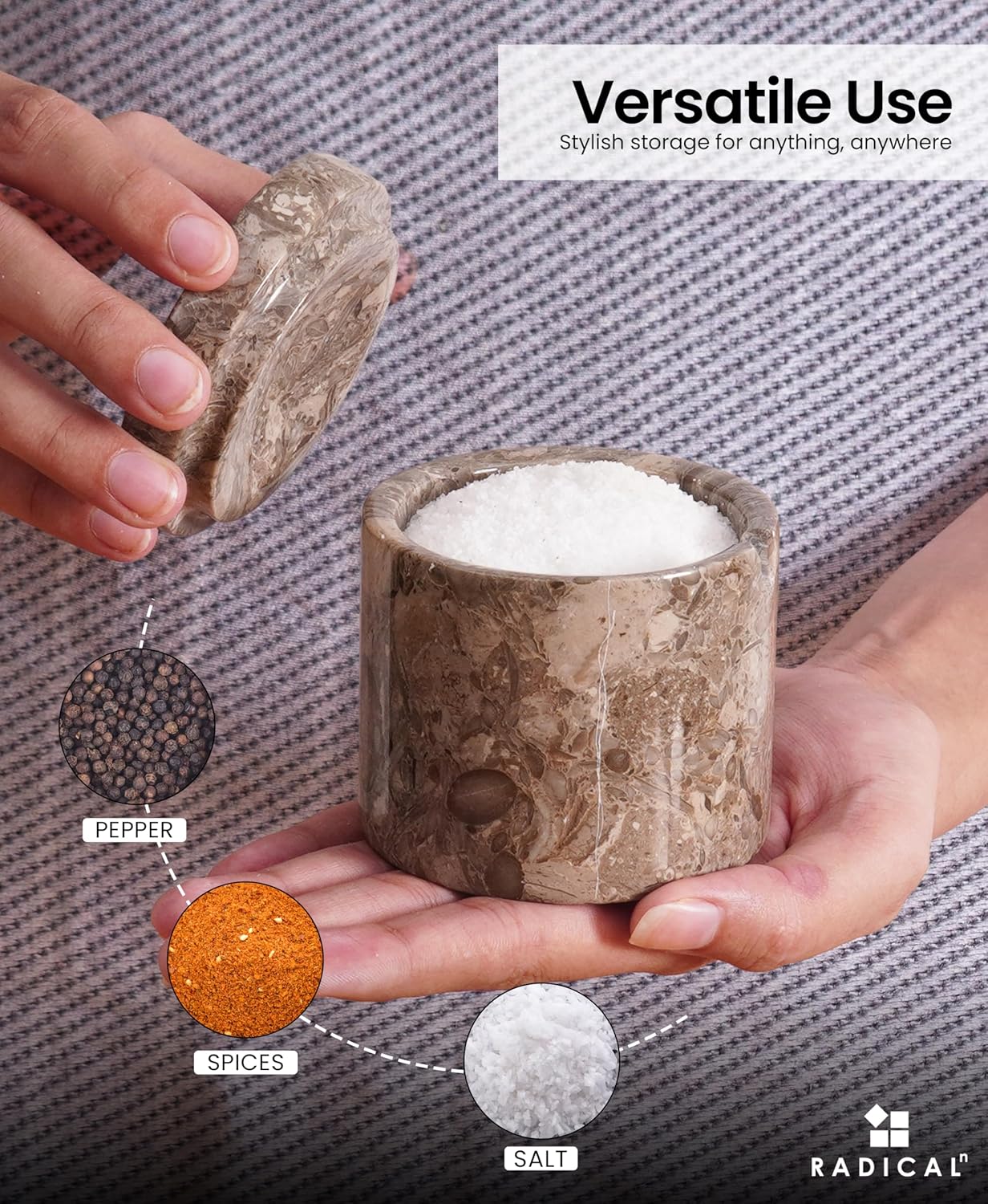 Radicaln Marble Salt Cellar with Lid and Tray 3" Inch Handmade Oceanic & Black Salt Container, Set of 2 Seasoning Jars for Kitchen countertop, Ideal Sugar bowl