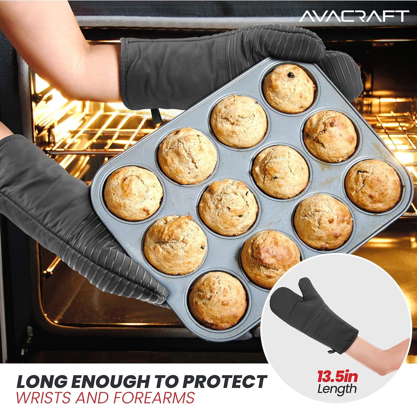 AVACRAFT Oven Mitts Pair, Flexible, 100% Cotton with Unique Heat Resistant Food Grade Silicone, Thick Terry Cloth Interior, 500 F Heat Resistant (Grey Oven Mitts)