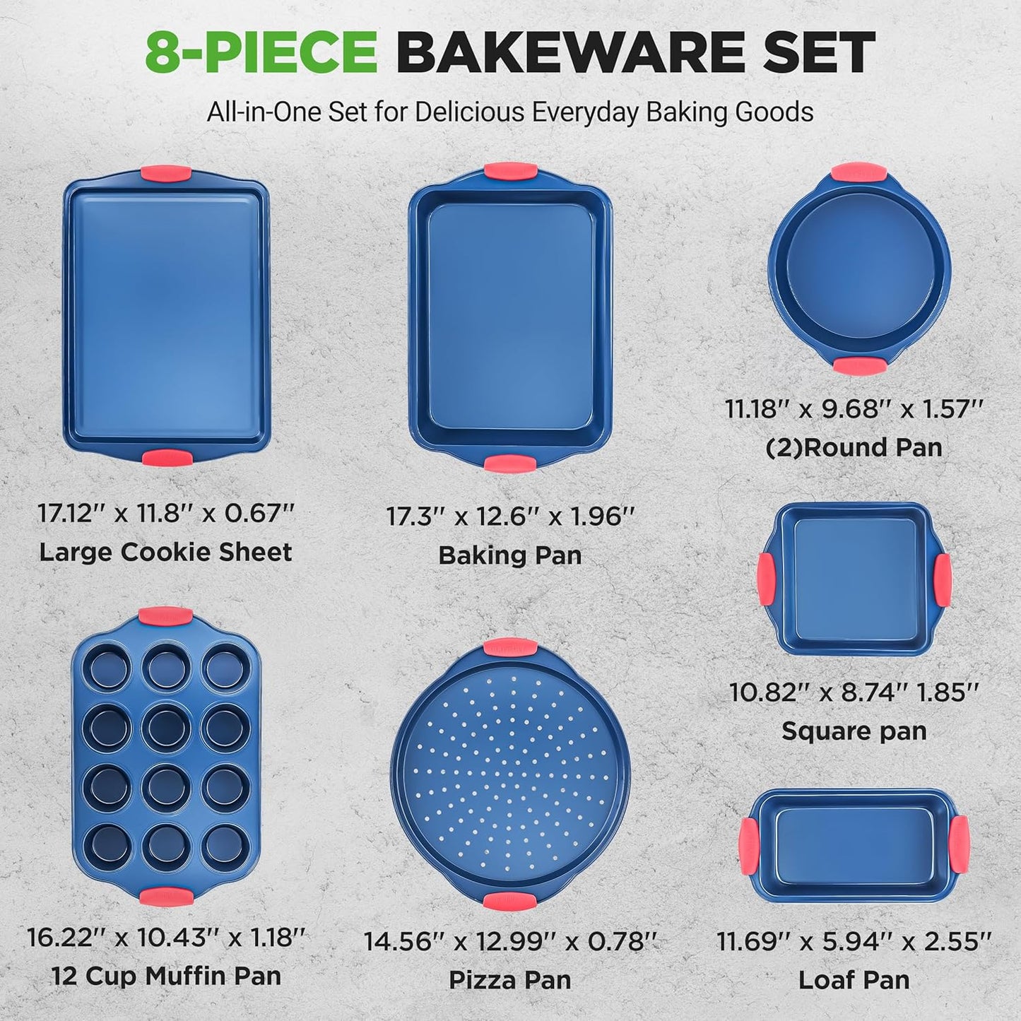 NutriChef 8-Piece Nonstick Baking Pan Set - Premium Carbon Steel Bakeware w/ Silicone Handles - Includes Pizza Tray, Loaf Pan, 12-Cup Muffin Pan, Round/Square Pans, & Cookie Sheet - Blue