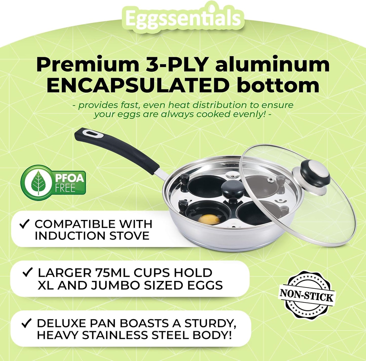 Egg Poacher - Eggssentials Poached Egg Maker, Stainless Steel Egg Poaching Pan, Poached Eggs Cooker Food Grade Safe PFOA Free with Spatula.
