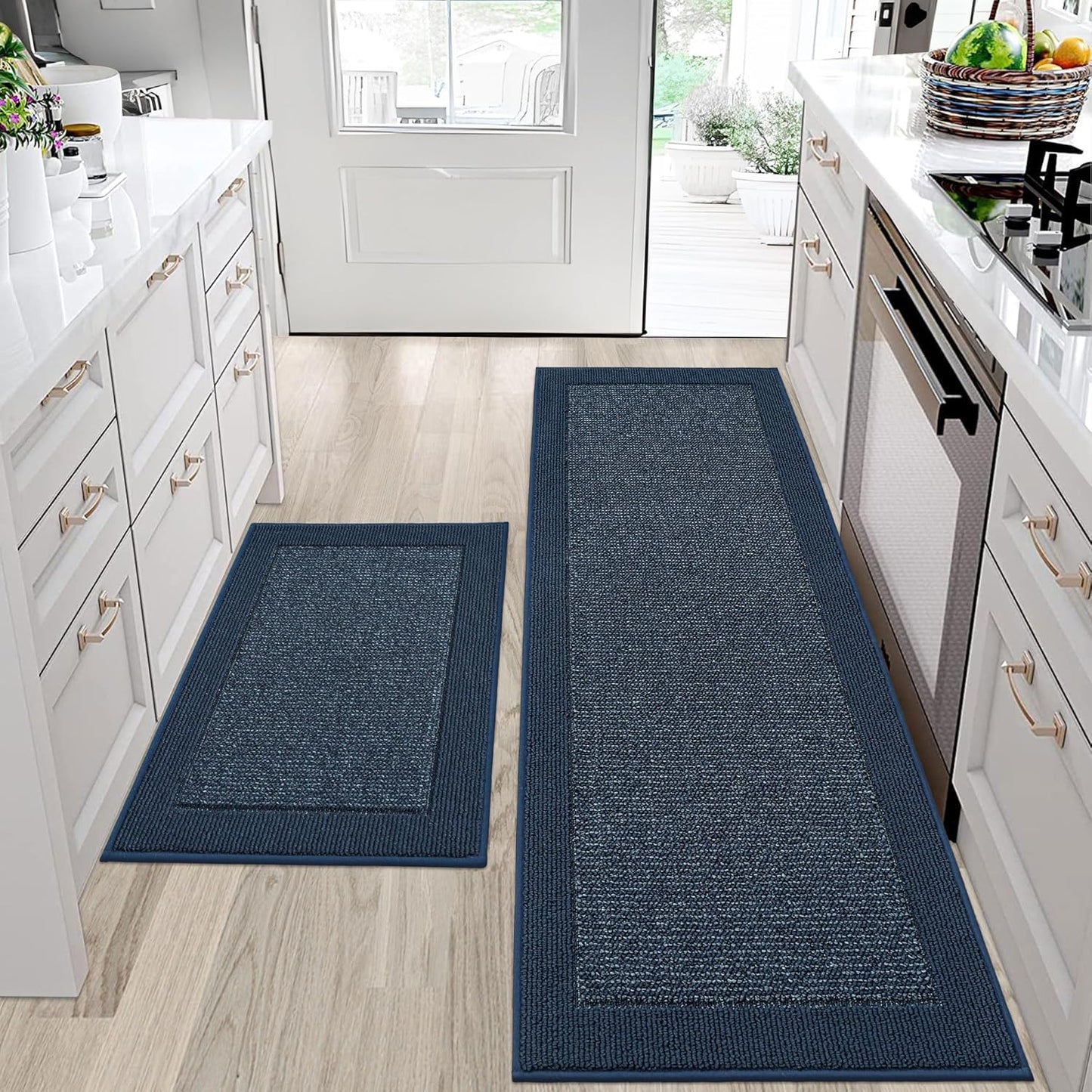 BEQHAUSE Kitchen Rugs and Mats Set of 2 Non-Slip Kitchen Mats for Floor, Absorbent and Stain Resistant Kitchen Runner, Machine Washable Rugs for Kitchen, Laundry & Sink, 24"x36"+24"x60", Blue
