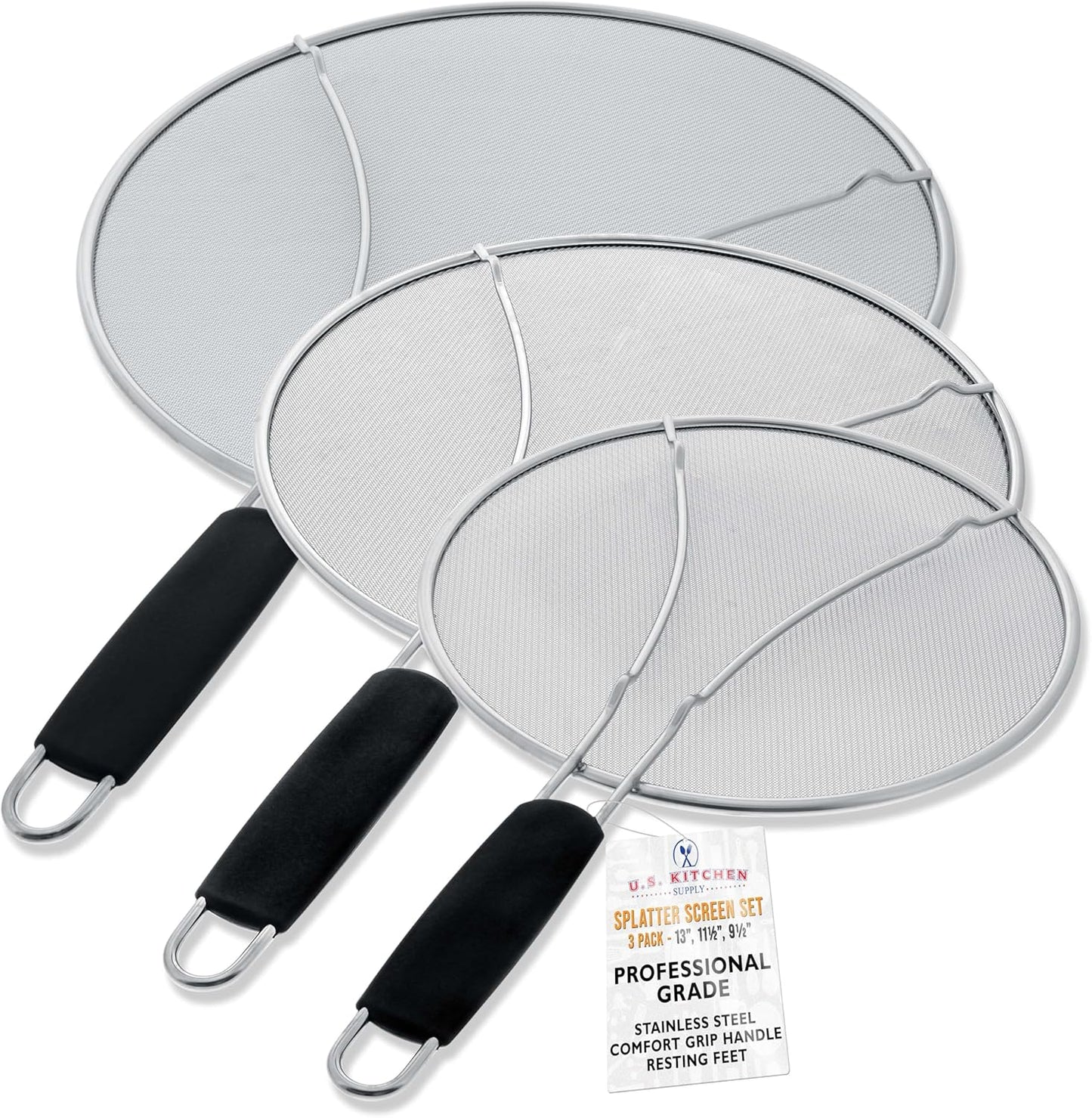 U.S. Kitchen Supply 3-Piece Stainless Steel Splatter Guard Set (13", 11.5", 9.5") Fine Mesh Cover, Grease & Oil, Splatter Screen for Frying Pan, Cooking Pots, with Resting Feet & Comfort Grip Handles