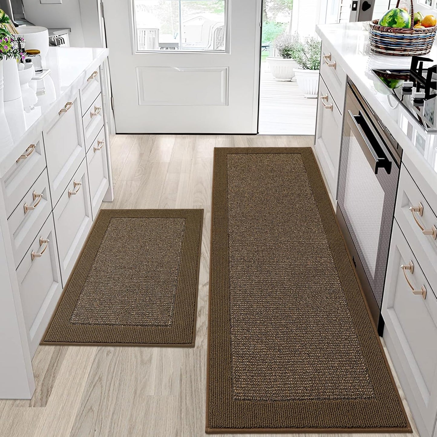 BEQHAUSE Kitchen Rugs and Mats Set of 2 Non-Slip Kitchen Mats for Floor, Absorbent and Stain Resistant Kitchen Runner, Machine Washable Rugs for Kitchen, Laundry & Sink, 24"x36"+24"x60", Brown