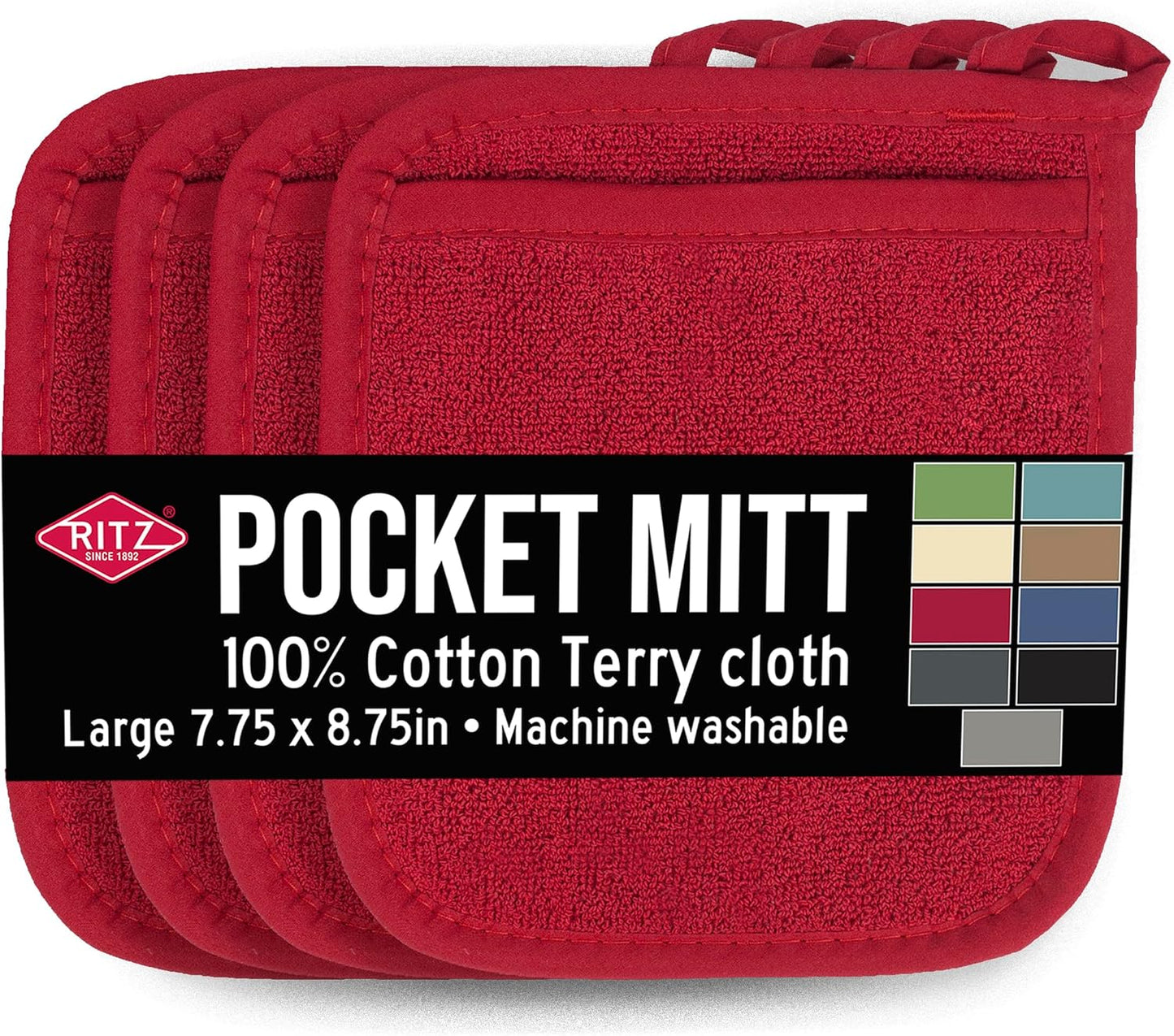 RITZ Terry Pocket Mitt & Hot Pad: Unparalleled Heat Resistant, Durable 100% Cotton,Ergonomically Designed for Optimal Grip, Easy-Care Machine Washable 4-Pack, Paprika Red