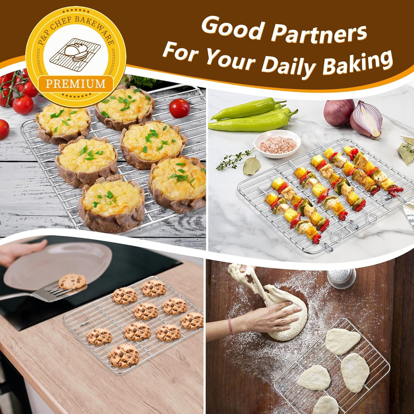 P&P CHEF 9 Inch Baking Sheet Pan with Rack Set, Stainless Steel Cookie Sheet Pan Tray with Cooling Rack for Oven Use, Cooking Roasting, Non Toxic & Dishwasher Safe, Heavy Duty