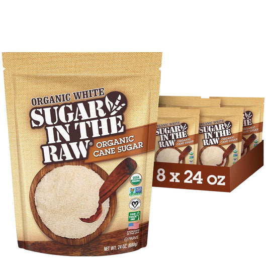 Sugar In The Raw Organic Granulated White Premium Cane Sugar, No Erythritol, Pure Natural Sweetener, Hot & Cold Drinks, Coffee, Baking, Vegan, Gluten-Free, Non-GMO, Bulk Sugar, 24 oz Bag (8-Pack)