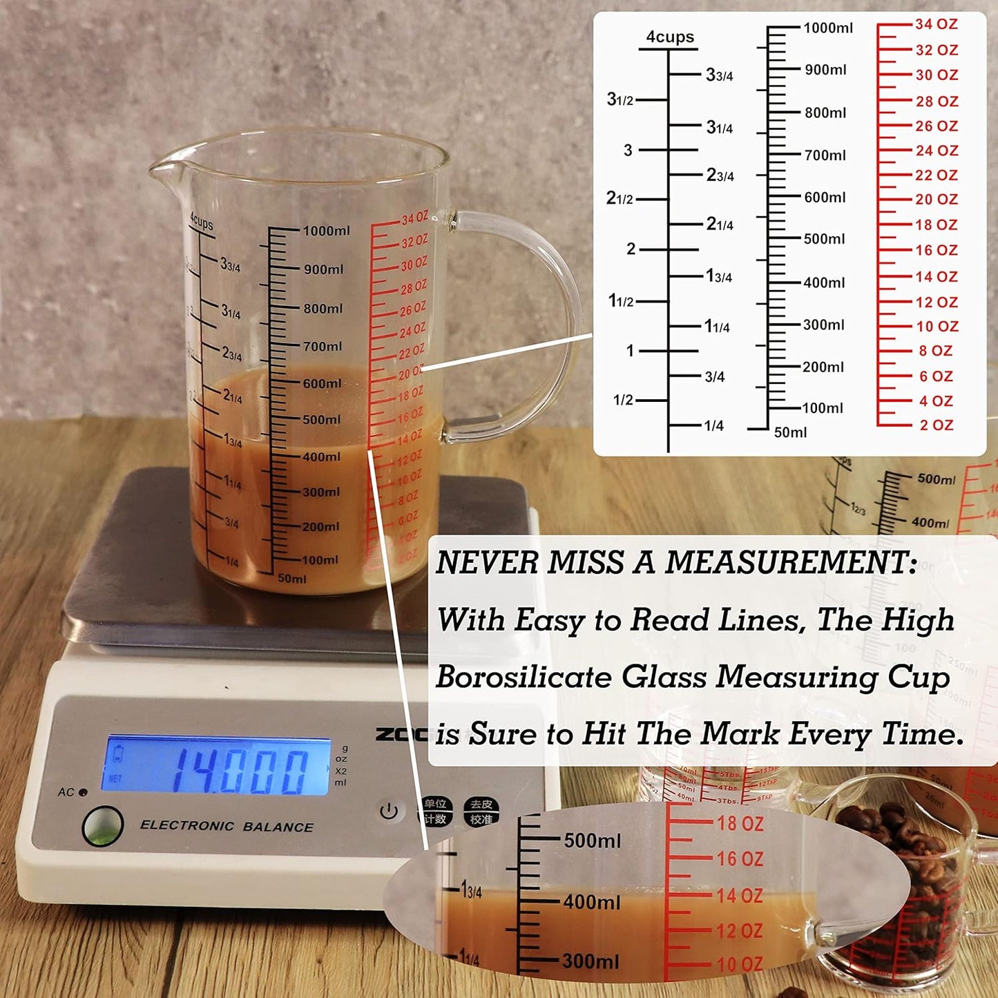 Glass Measuring Cup-[Insulated handle | V-Shaped Spout]-Made of High Borosilicate Glass Measuring Cup for Kitchen or Restaurant, Easy to Read, 1000 ML (32 Oz, 4 Cup)