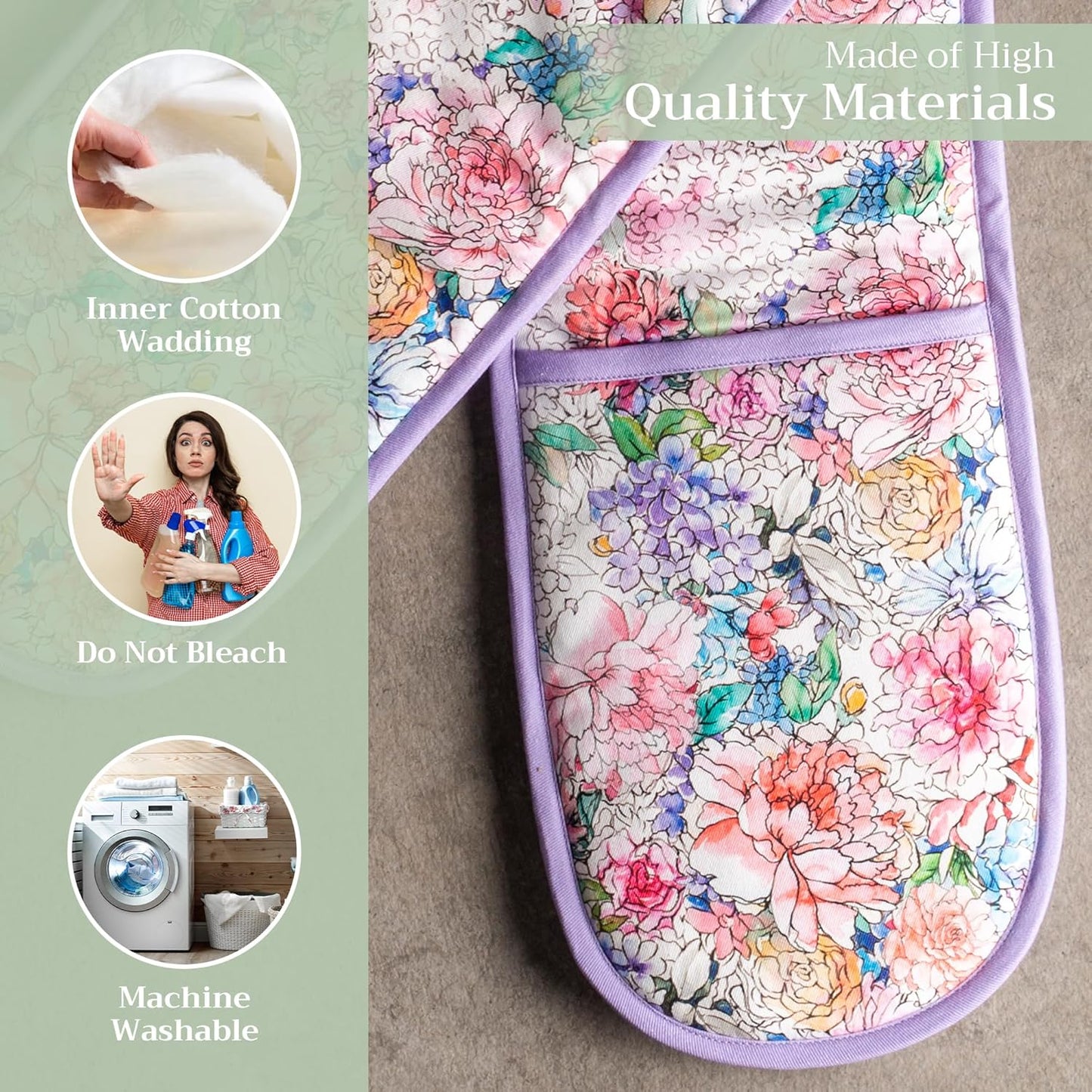 Maison d' Hermine Double Oven Mitts 100% Cotton 7"x35" Double Oven Mitt Heat Resistant BBQ Cooking Gloves with Loop, Baking, Grilling, Home, Kitchen, Handling Hot Pans Spring Summer (Floral Love)