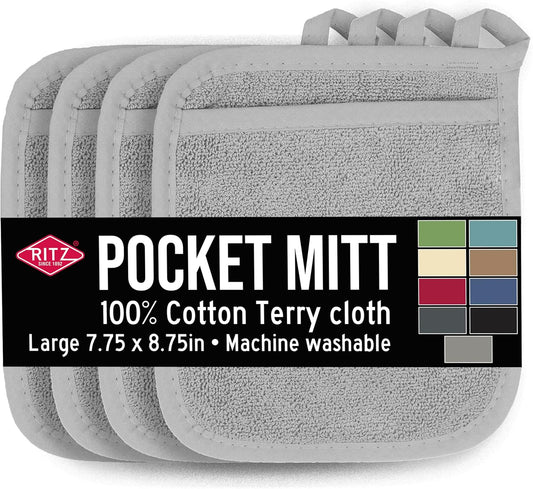 RITZ Terry Pocket Mitt & Hot Pad: Unparalleled Heat Resistant, Durable 100% Cotton,Ergonomically Designed for Optimal Grip, Easy-Care Machine Washable 4-Pack, Titanium Grey