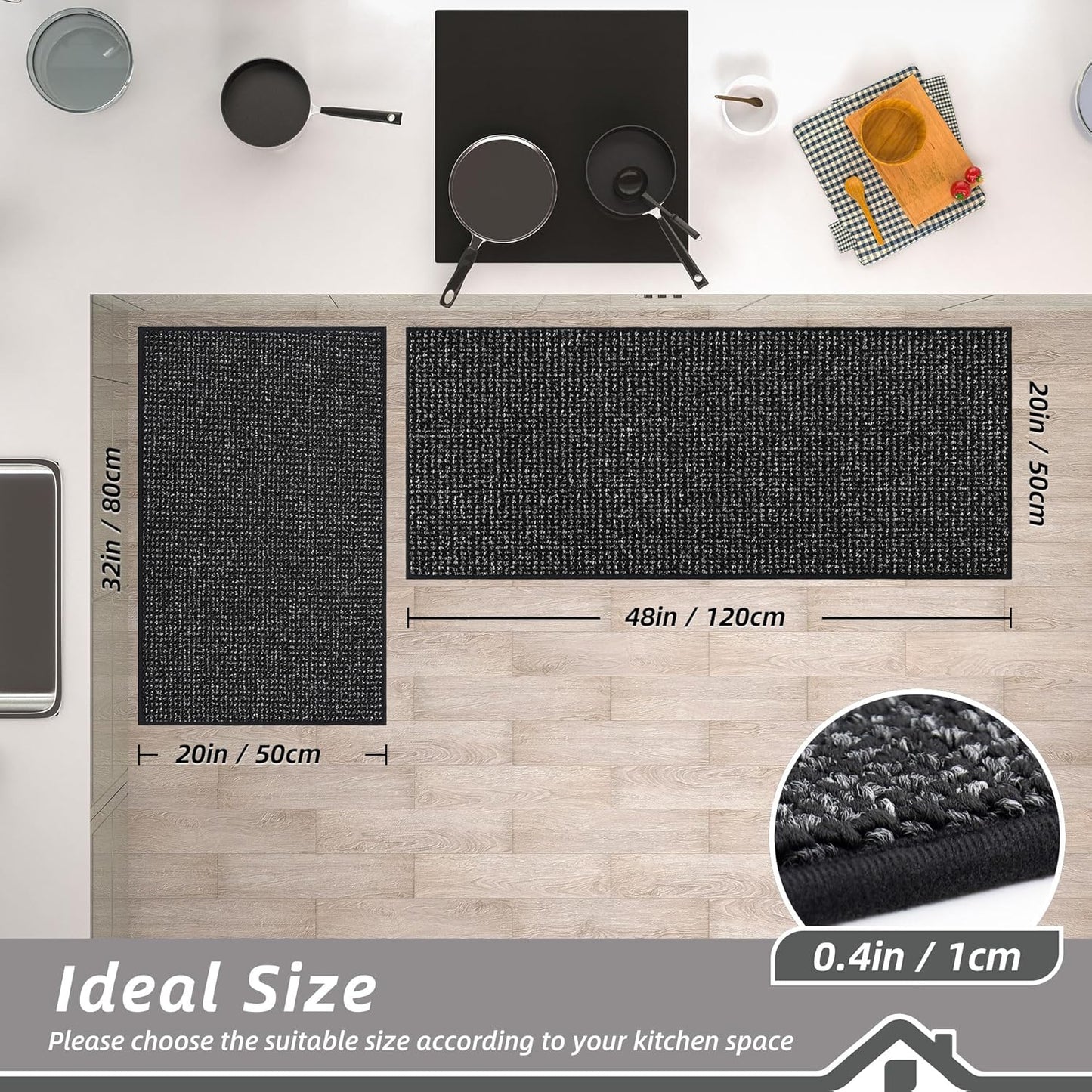 BEQHAUSE Kitchen Rugs and Mats 2PCS, Non-Slip Kitchen Mats for Floor, Absorbent and Stain Resistant Kitchen Runner, Machine Washable Rugs for Kitchen, Laundry & Sink, 20"x32"+20"x48", Black