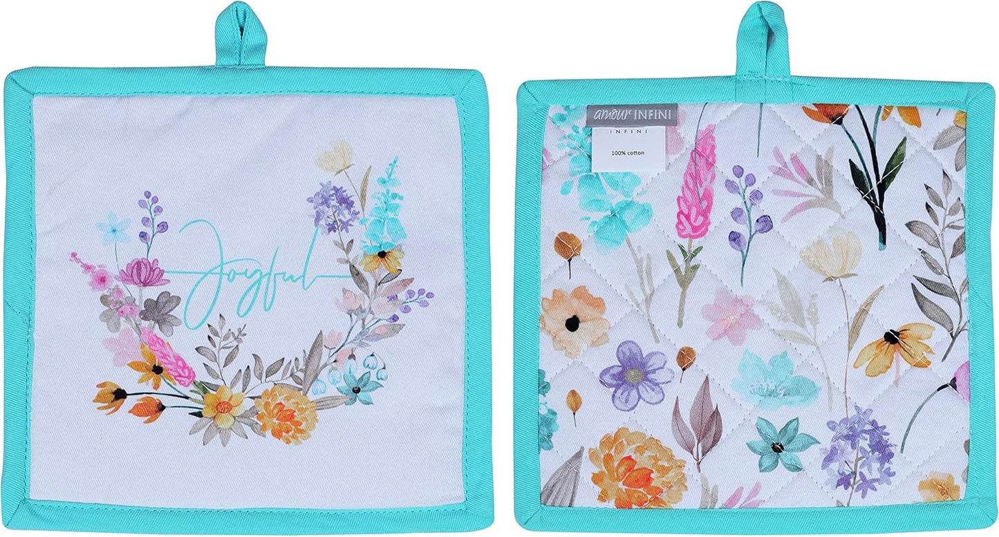 AMOUR INFINI Pot Holders Heat Resistant Cotton Set of 2 Nonslip 8"x8" Inch Hot Pads for Kitchen, BBQ, Baking & Cooking with Hanging Loops (Joyful Floral)
