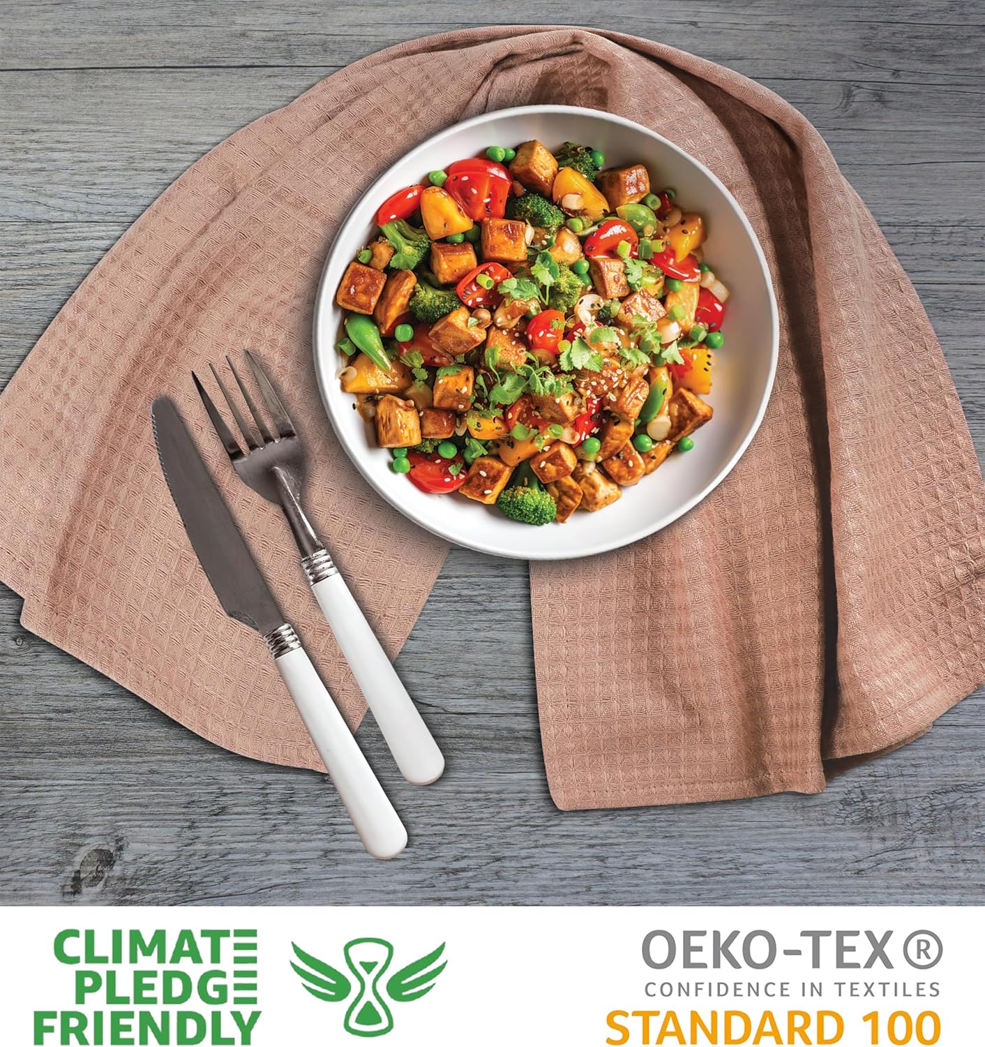 Urban Villa Waffle Dish Towels - Tan Color Set of 6 Highly Absorbent Cotton Towels - Oversized 18x28 with Mitered Corners