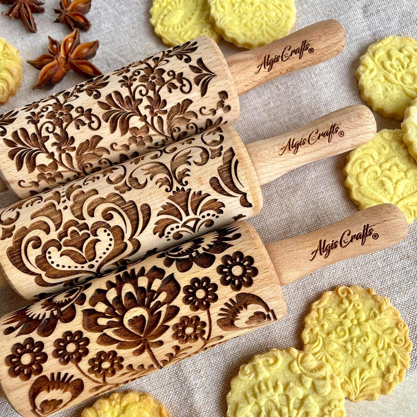 FLOWERS 3 Kid Rolling Pin Set with Damask, Folk and Floral Wreath Patterns. Wooden Laser Cut Mini Rolling Pins for Cookies, Play Dough, Salt Dough or Clay by Algis Crafts