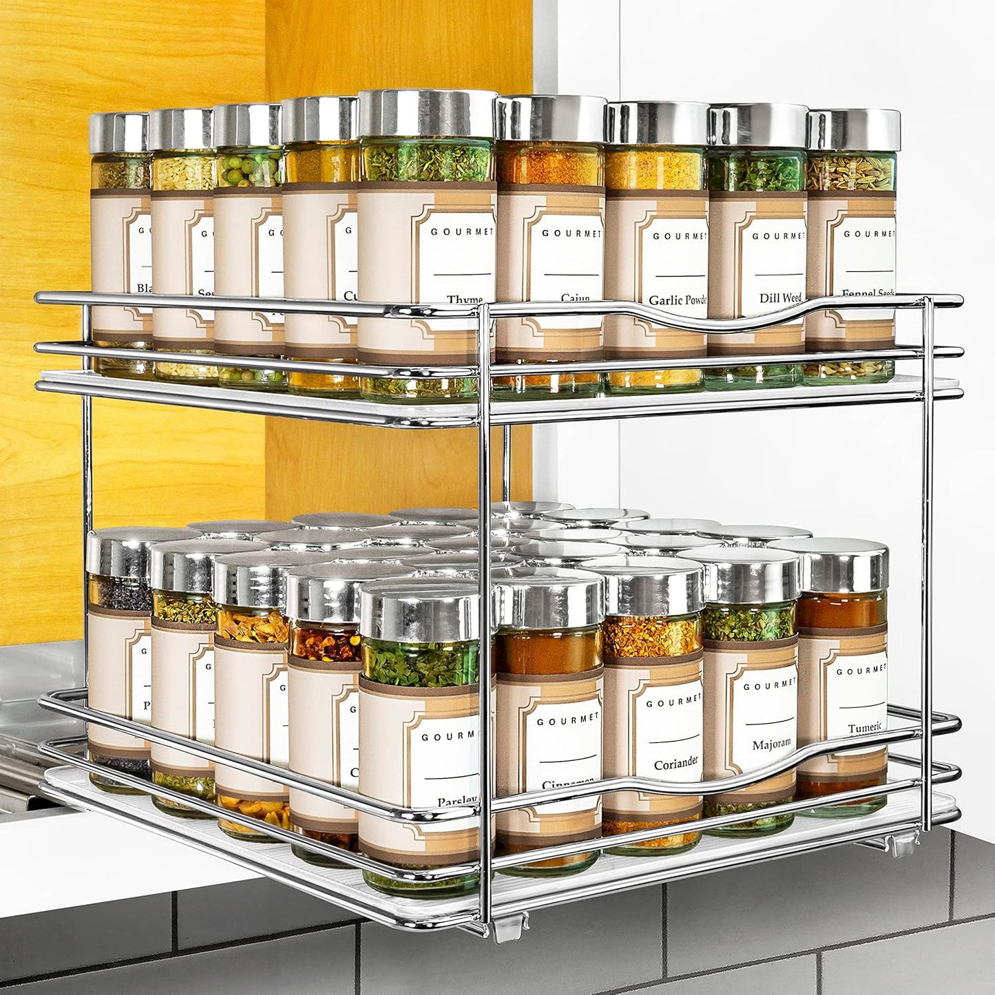 LYNK PROFESSIONAL® Pull Out Spice Rack Organizer for Inside Kitchen Cabinets - 10-1/4 inch Wide - Slide Out Drawer – Chrome Sliding Spice Cabinet Organization Shelf Racks - 2 Tier