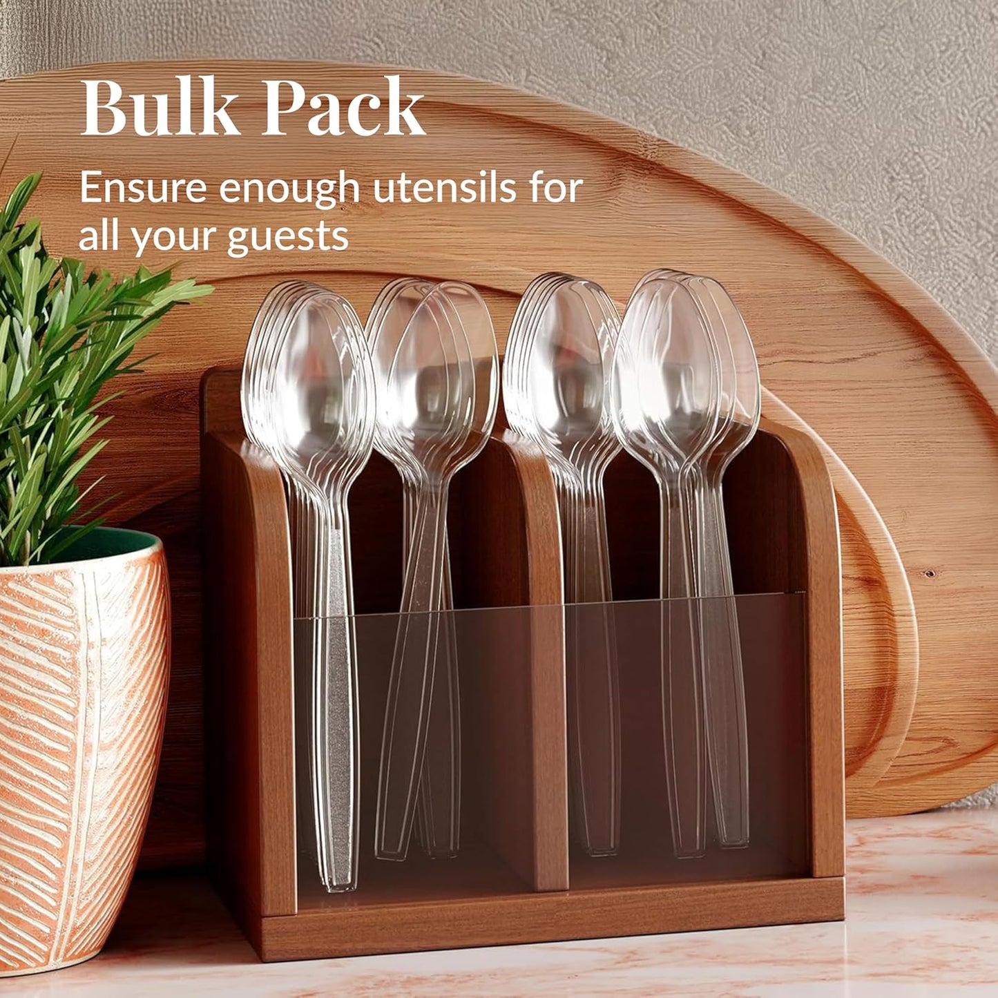 Prestee 300 Clear Plastic Spoons Bulk - Durable Disposable Plastic Silverware Spoons - Heat-Resistant Spoon Cutlery - Heavy Duty Flatware Pack - Disposable Silverware Utensil Set for Hot and Cold Food