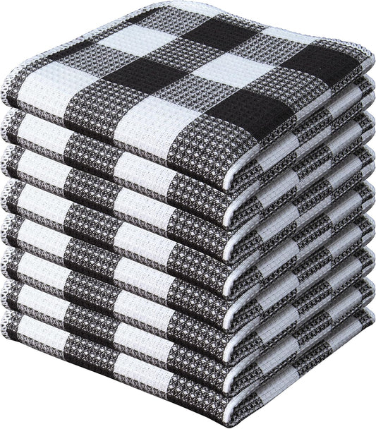 PurpleEssences Waffle Weave Plaid Dish Cloths, 100% Cotton - 12 x 12 Inches, Ultra Soft Absorbent Quick Drying Dish Towels Buffalo Check Dish Rags for Kitchen, 8 Pack - Spring Summer - Black & White