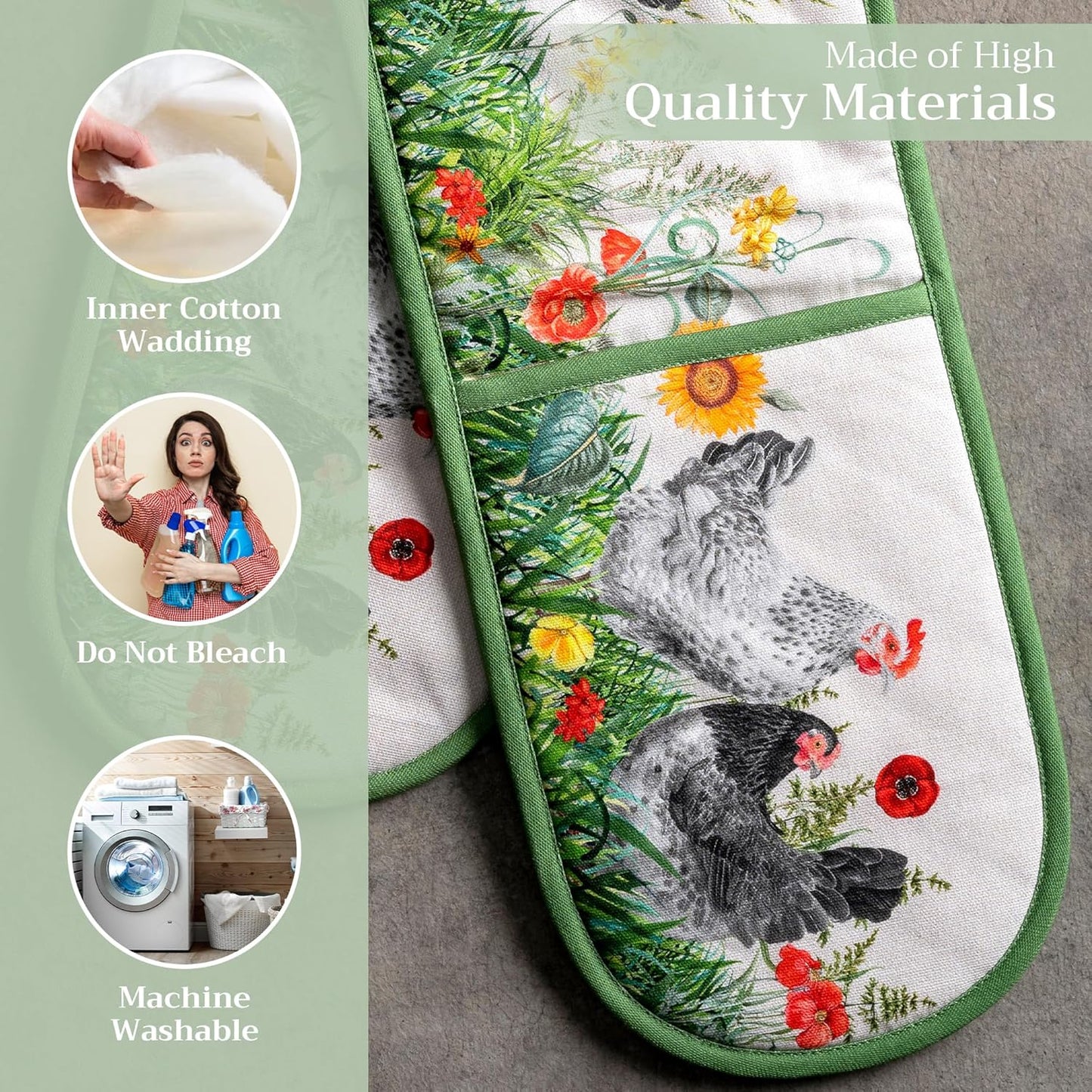 Maison d' Hermine Double Oven Mitts 100% Cotton 7"x35" Double Oven Mitt Heat Resistant BBQ Cooking Gloves with Loop, Baking, Grilling, Home, Kitchen, Handling Hot Pans Spring Summer (Basse Cour)