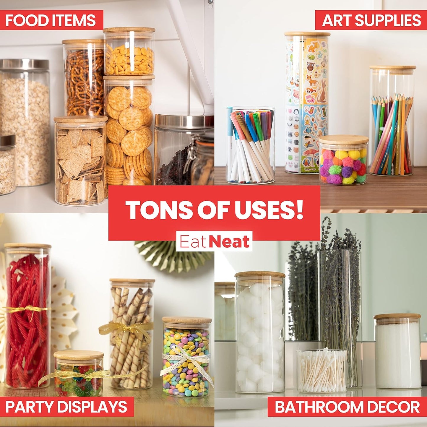 EatNeat 4‑Piece Glass Canister Set with Airtight Bamboo Lids – Giftable Kitchen Storage – Tall Jar Fits Spaghetti – 74/56/36/20 oz for Pantry, Dry Goods, Coffee, Snacks & More