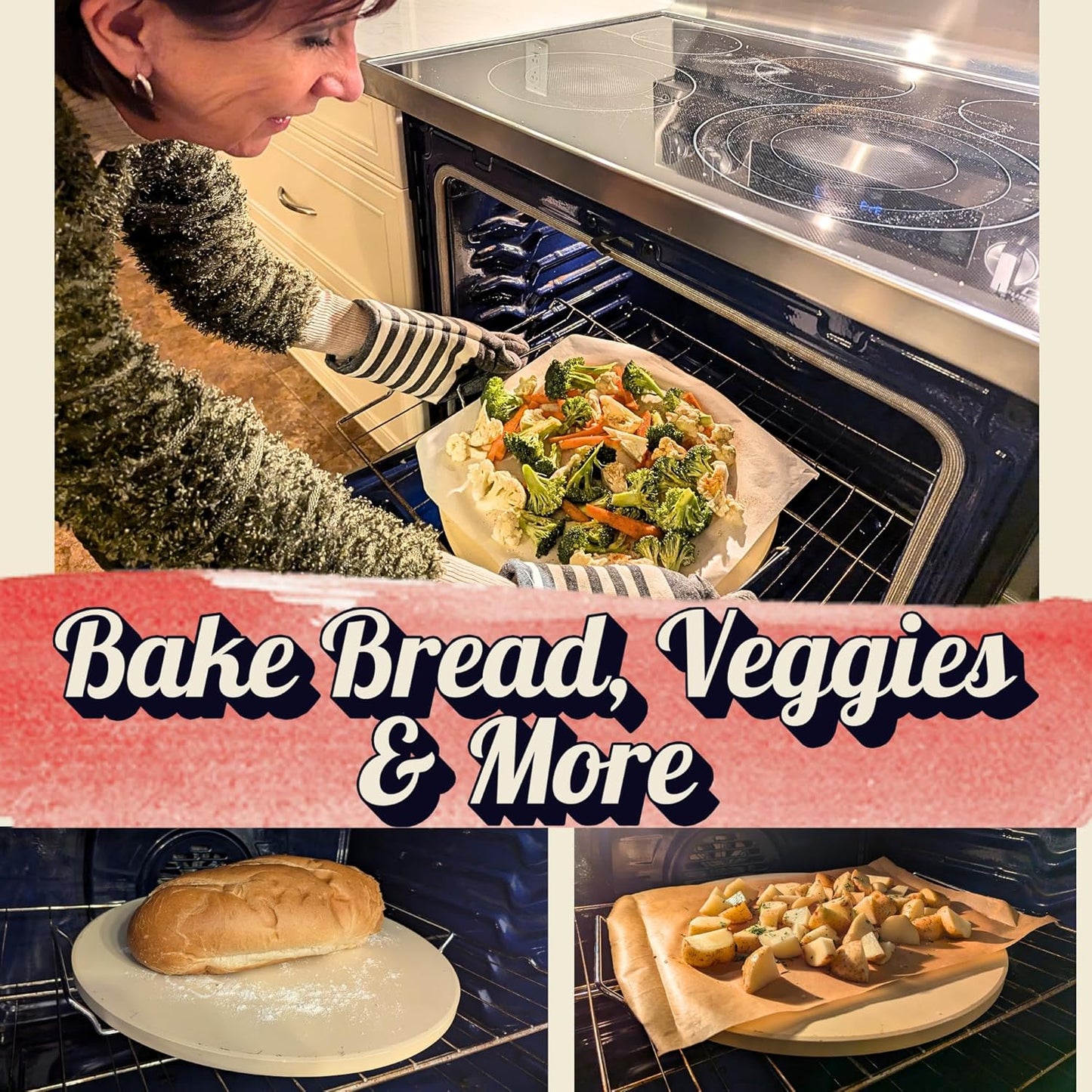 16 inch Round Pizza Stone for Oven - Large Pizza Stone for Grill with Handles and Dough Tool - Round Baking Stone for Bread - Pizza Making Accessories - Cooking Gifts for Food Lovers