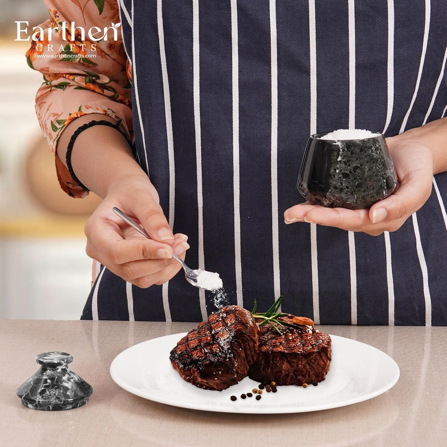 Marble Salt Cellar with Lid & Spoon Black Zebra 3" Inches Stone Salt Holder for Counter, Salt and Spice Jar Seasoning Containers