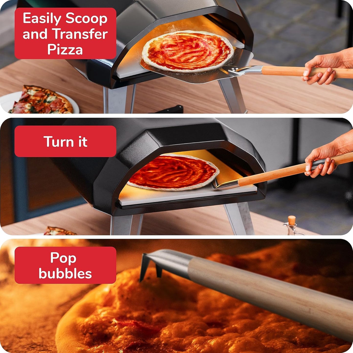 Pizza Oven Accessories Set - 3 Piece Pizza Making Kit with Pizza Peel, Pizza Oven & Stone Brush with Scraper, Turning Fork & Bubble Popper - Tools for Indoor Outdoor Brick Wood Gas Ovens