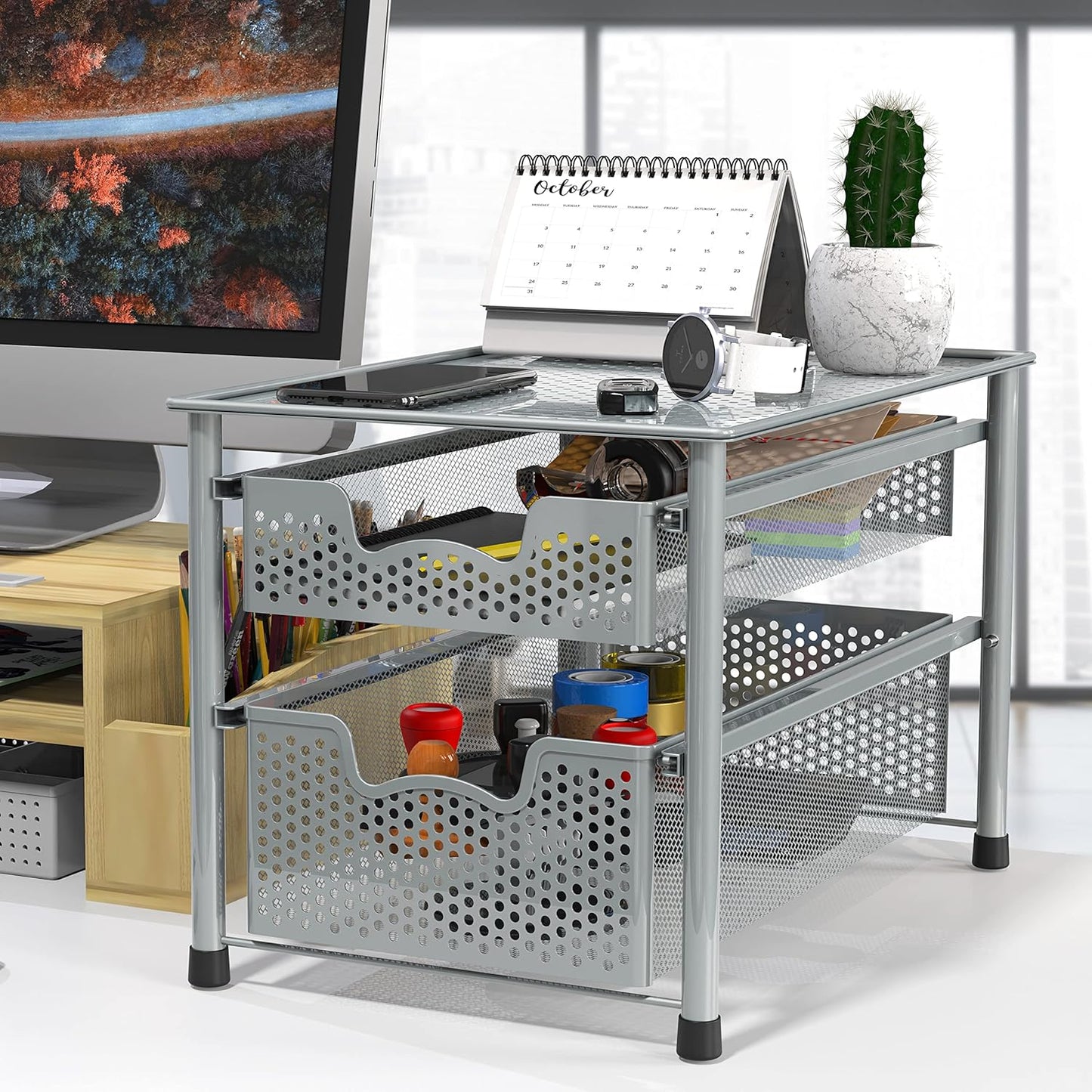 Simple Houseware Stackable 2 Tier Sliding Basket Organizer Drawer, Silver