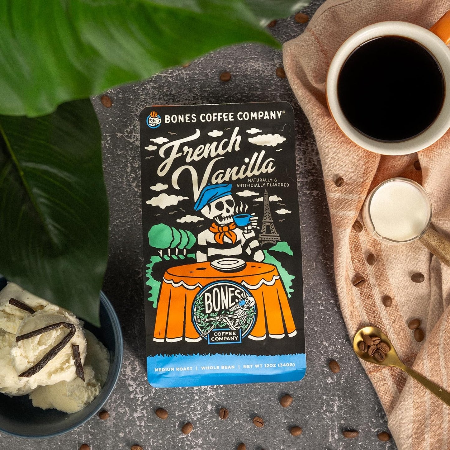 Bones Coffee Company French Vanilla, Creamy Vanilla Flavored Coffee, Medium Roast Low Acid Arabica Beans Compatible with Auto drip and French Press Coffee Maker, 12 Oz Whole Bean