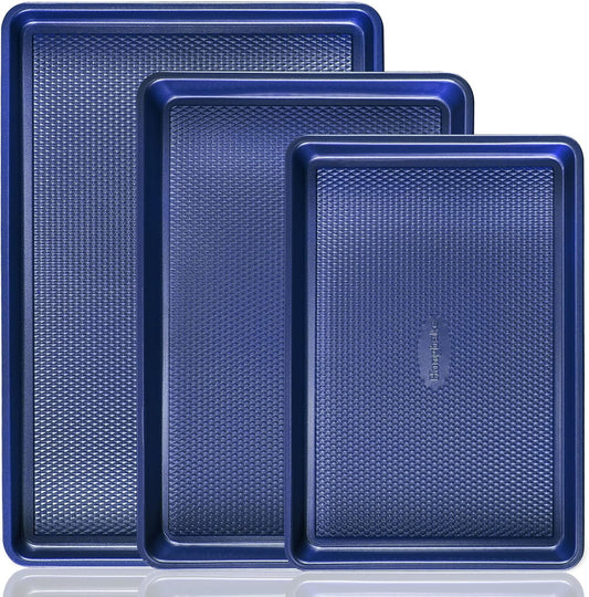 HONGBAKE Baking Sheet Pan Set, Cookie Sheets for Oven, Nonstick Half/Quarter/Jelly Roll Pans with Diamond Texture Pattern, Heavy Duty Cookie Tray, Dark Blue