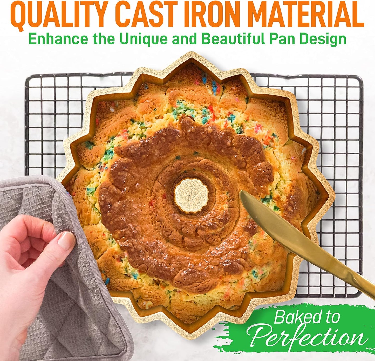 NutriChef 9-Inch Cake Pan, Thick and Heavy Cast Aluminum Cake Molds with 2 Layers of Nonstick Coating - Bloom Flower Design for Uniform Baking Up To 500 Degrees - Easy to Clean, Gold