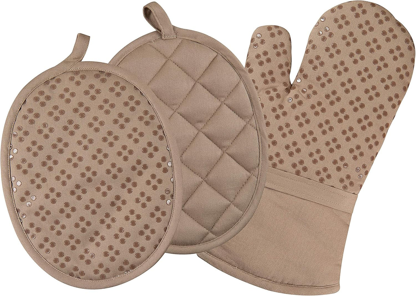 Sticky Toffee Oven Mitt and Pot Holder Set of 3 – Tan Kitchen Hot Pads and Mitts with Non-Slip Silicone Grip, 100% Cotton Shell, Oeko-Tex Cotton
