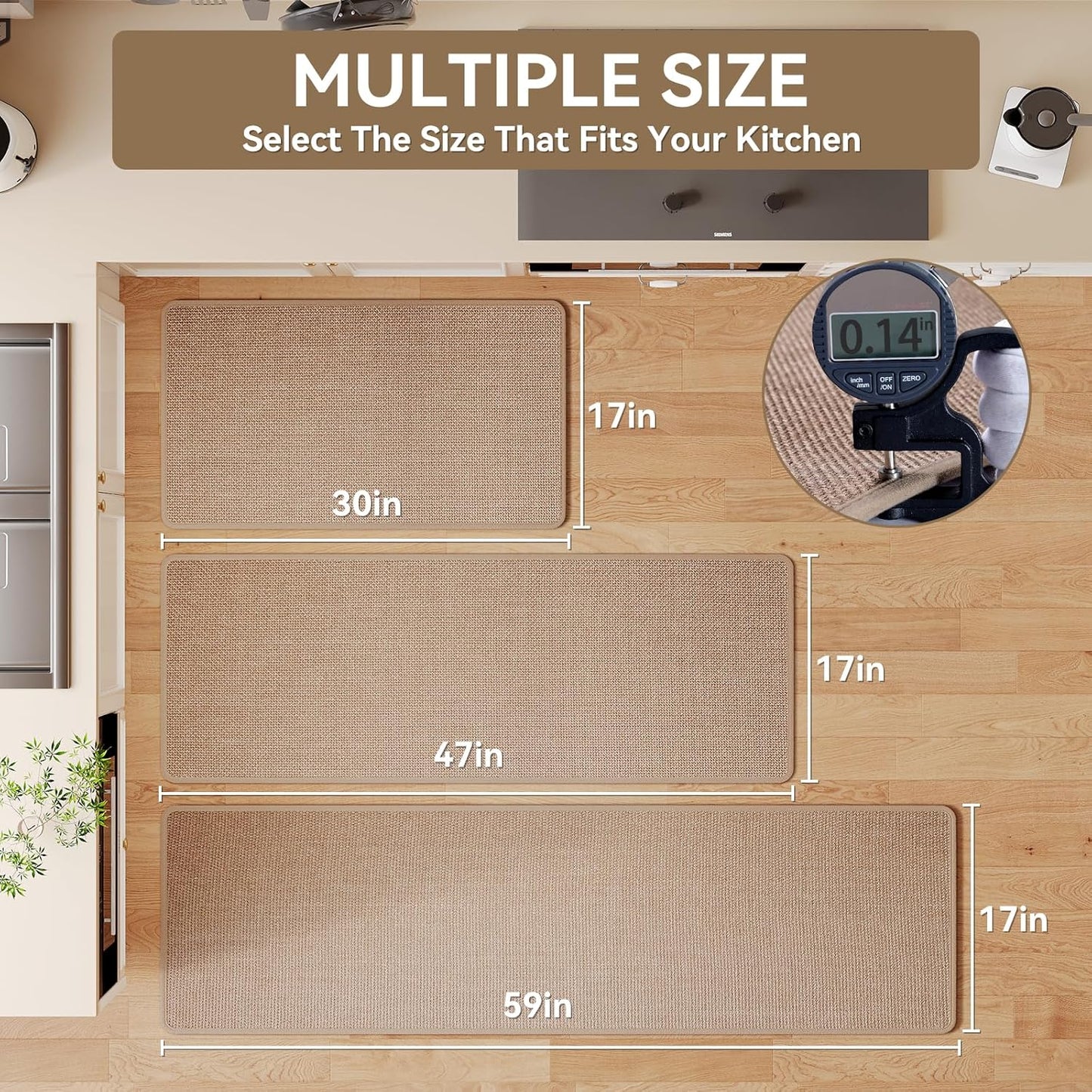 Kitchen Mat Set of 2 PCS, Cushioned Non Slip Rugs for Kitchen Floor, Absorbent Runner Comfort Standing Mats Washable for Kitchen,Floor，Office, Home （Brown 17x30+17x59）