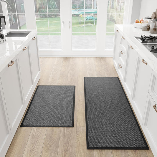 Kitchen Mat Set of 2 PCS, Cushioned Non Slip Rugs for Kitchen Floor, Absorbent Runner Comfort Standing Mats Washable for Kitchen, Office, Home, 17.3"x47"+17.3"x30" (Black)