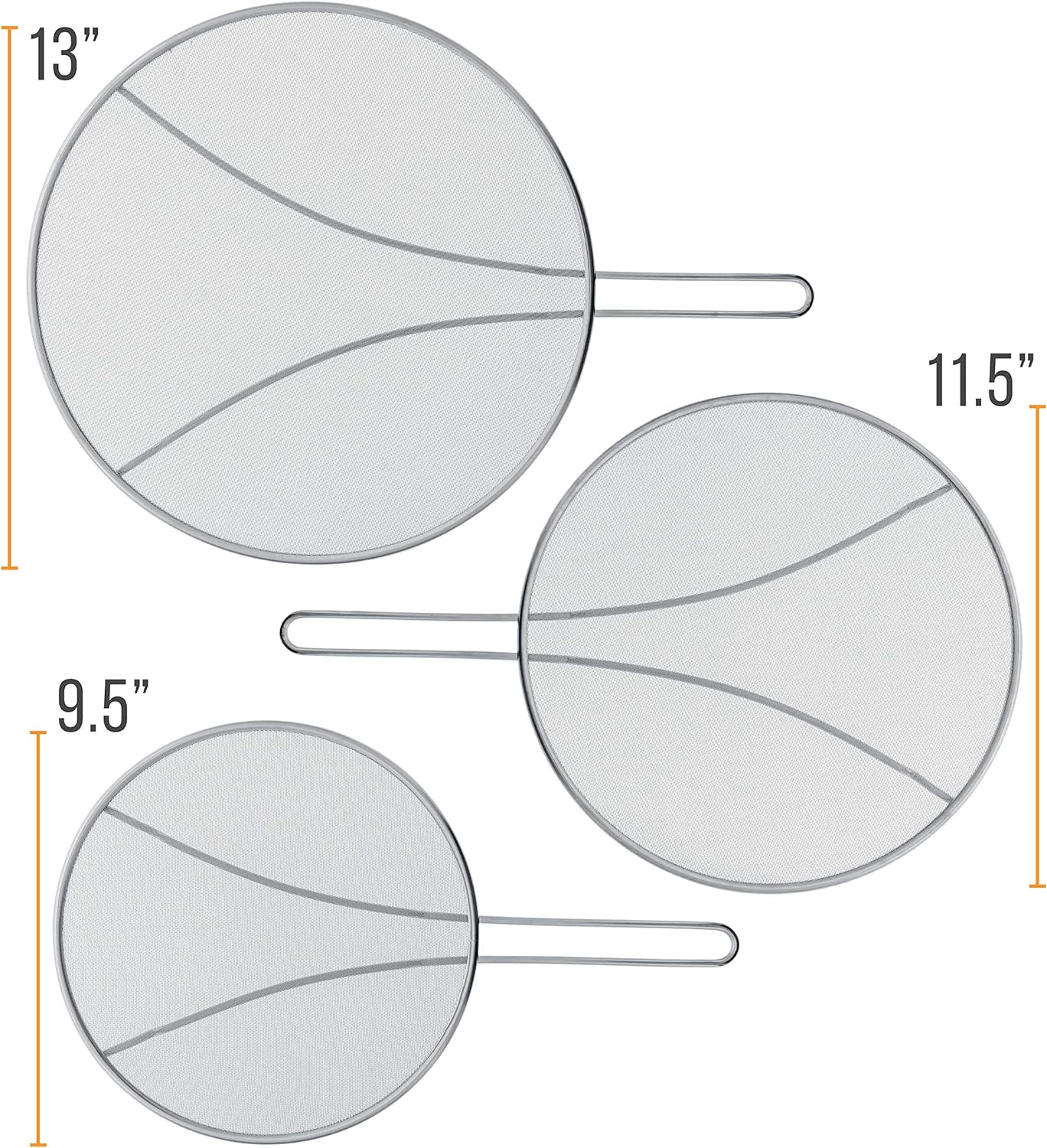 U.S. Kitchen Supply Set of 3 Stainless Steel Splatter Screen - 13", 11.5" & 9.5" Sizes - Fine Mesh Splatter Screen with Resting Feet Set, Grease Guard for Kitchen Pots and Pans