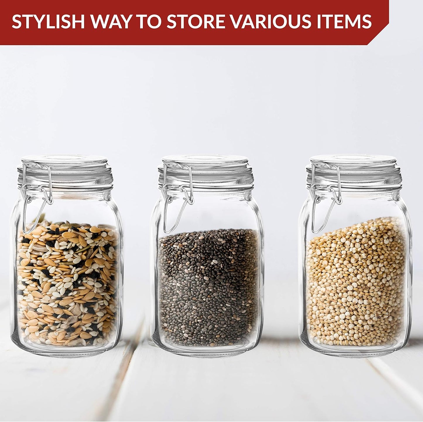 Set of 3 Mason Jars with Lid (1 Liter) | Airtight Glass Storage Containers for Food, Flour, Pasta, Coffee, Candy, Dog Treats, Snacks & More | Glass Organization Canisters | 34 Ounces