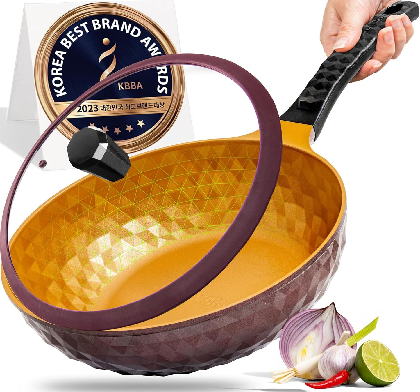 Diamond X Premium Non Stick Wok Pan with Lid - 11" Large Flat Bottom Chinese Wok - Woks & Stir-fry Pans Nonstick - Titanium-Coated 8-Layered Korean Engineered Skillet for Frying, Oil-Free, PFOA-Free