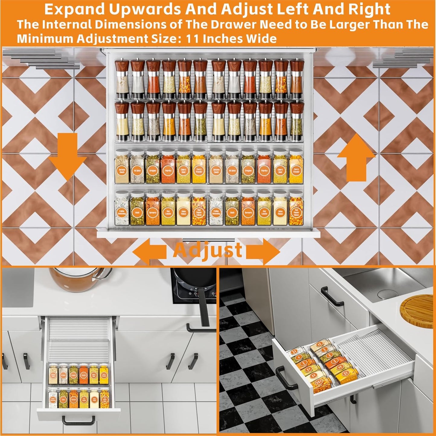 Yieach 4 Pack Adjustable In Drawer Spice Organizer - Expandable From 11'' to 22'' - Acrylic Drawer Seasoning Organizer,Clear Spice Organization Tray for Cabinet Drawers Condiment,Nail Polish and Jar