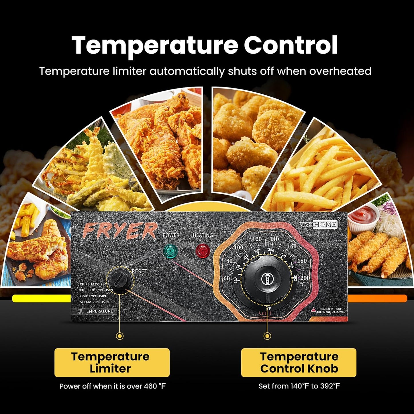 VIVOHOME 2500W 10.6 QT Electric Deep Fryer with 6.3 QT Removable Basket, Temperature Adjustable 140-392℉