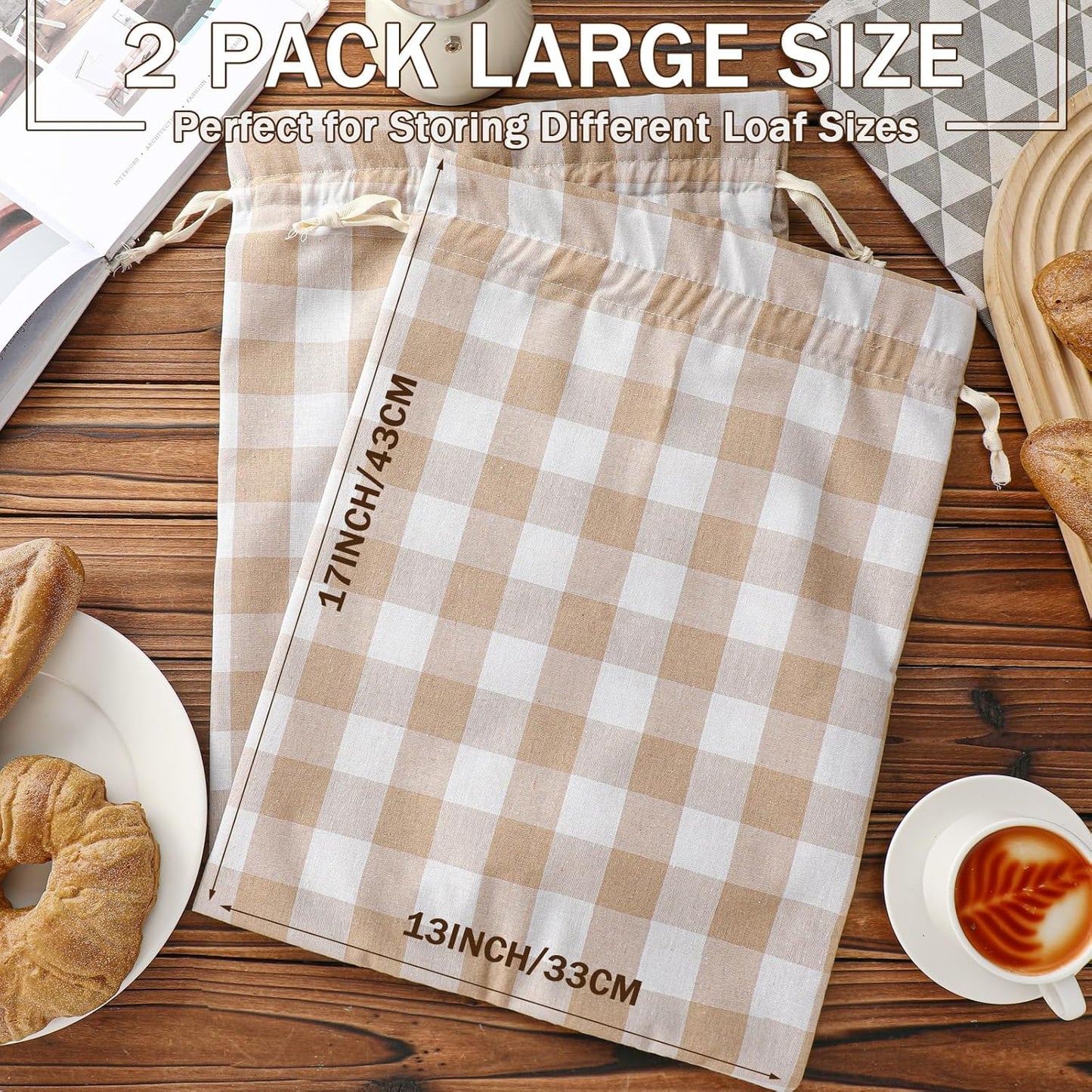 2 Pcs Lined Bread Bags for Homemade Sourdough Bread Reusable Storage Bag with Plastic 13 * 17 Inch Lined Saver Container Bag Cotton Homemade Bags(Classic Style)