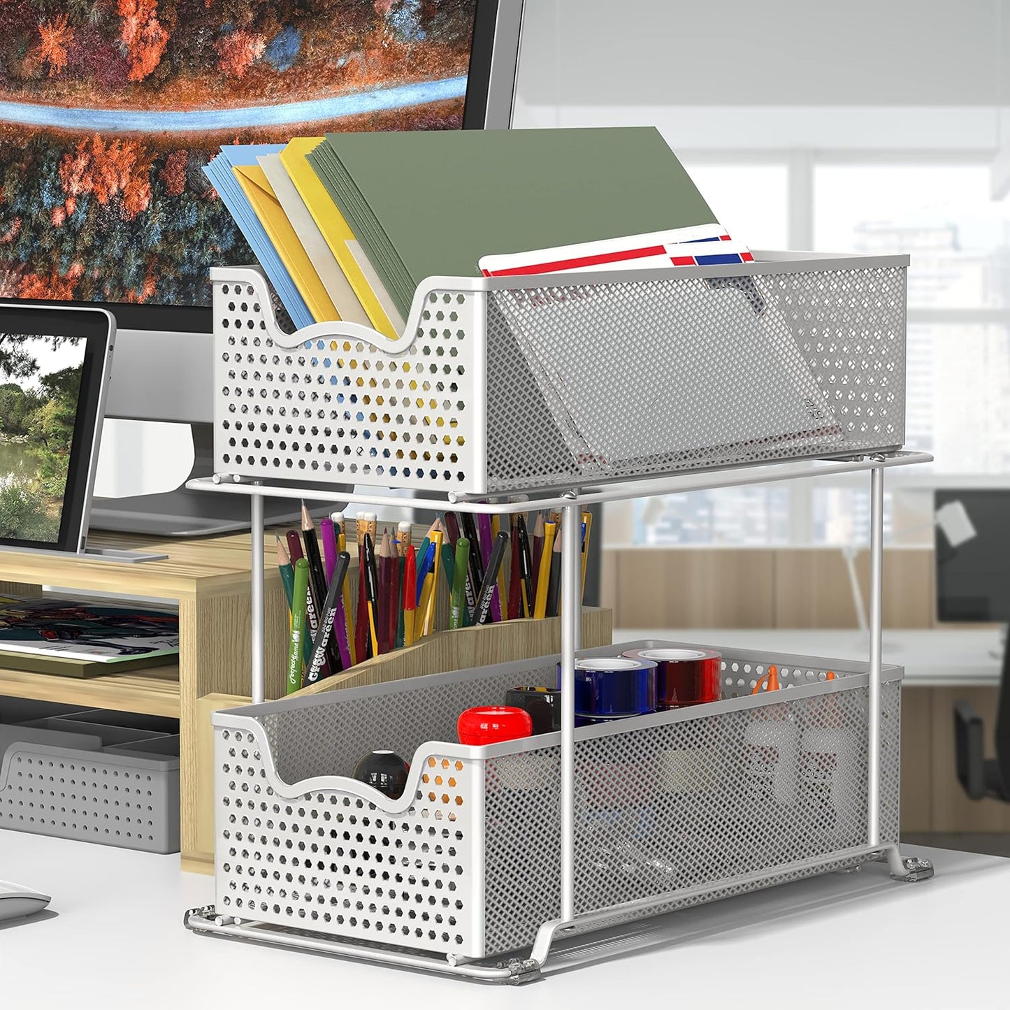 Simple Houseware 2 Tier Sliding Cabinet Basket Organizer Drawer, White